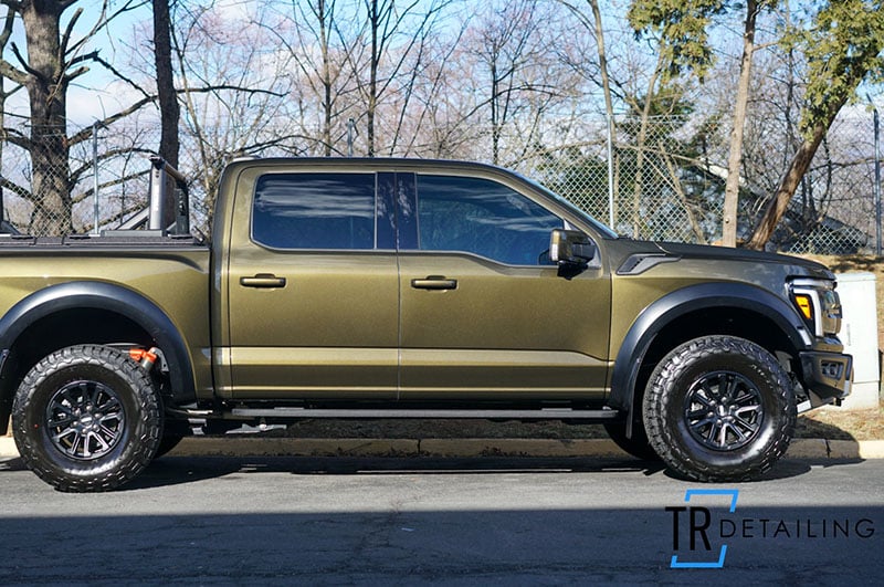 Fresh PPF Install on a 2025 Ford Raptor Green Passenger Side view